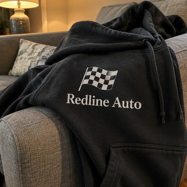 Customer photo of a custom auto shop hoodie