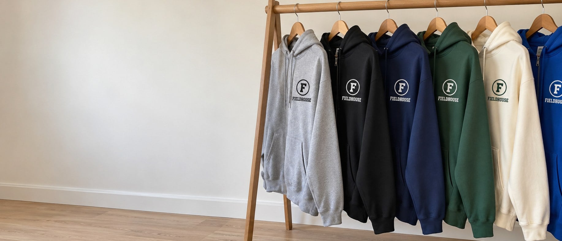 Custom printed hoodies in bulk hanging on a wooden garment rack